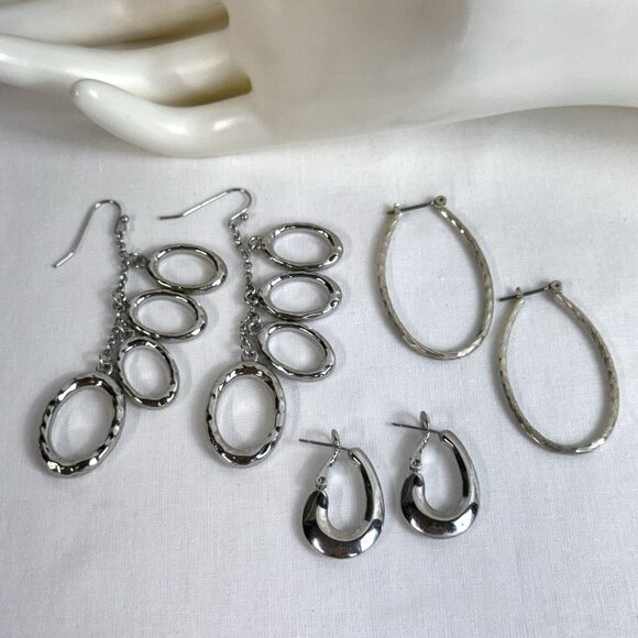 Silvertone Earrings Lot of 3: Hoop Dangle Drop Styles - Picture 1 of 5